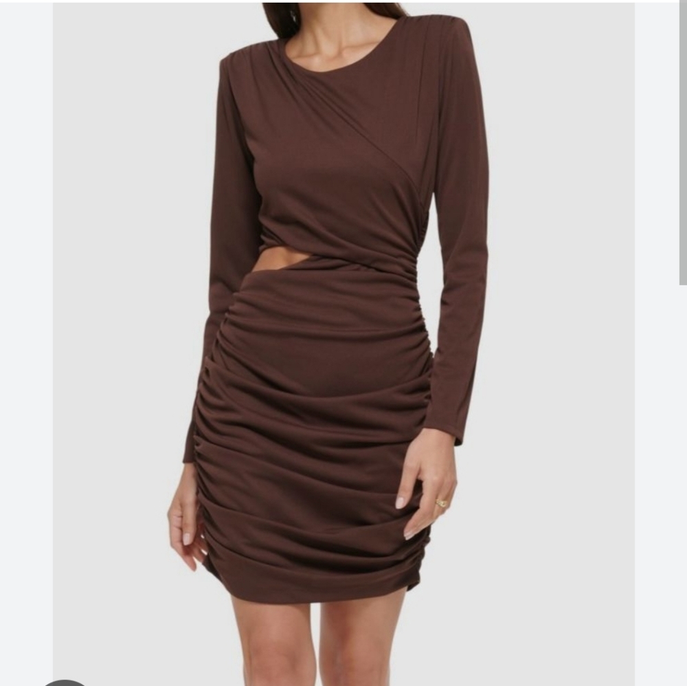 NWT 10 Guess Women's Long Sleeve Body Con With Cutout & Ruching Brown Dress